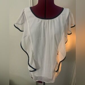 IZ Byer ivory blouse with ruffled black trim, L
